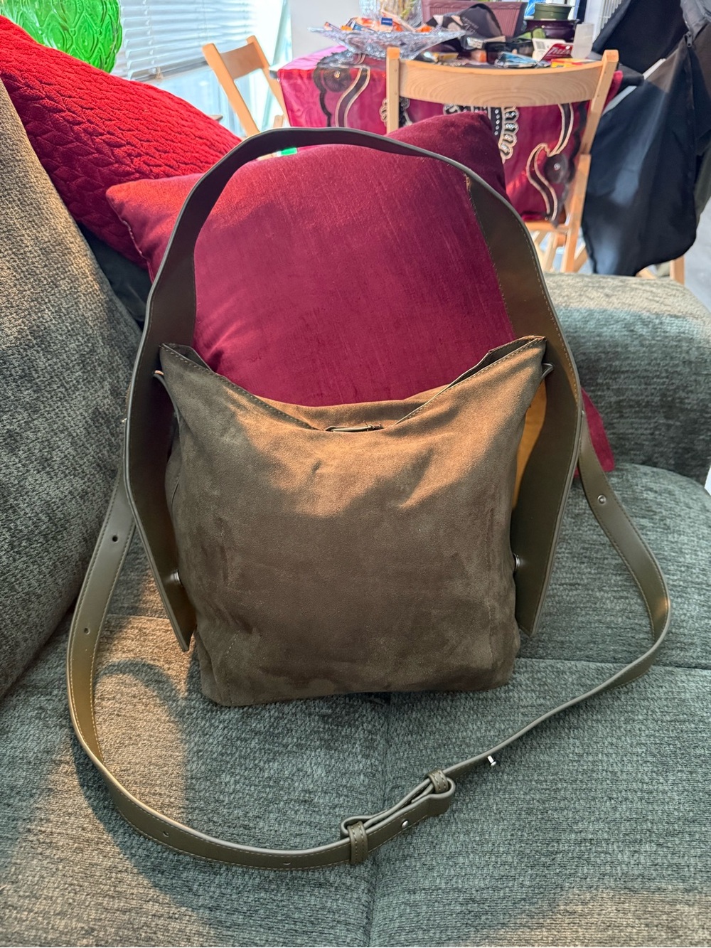 Olive Green Suede Shoulder Bag with Adjustable Strap